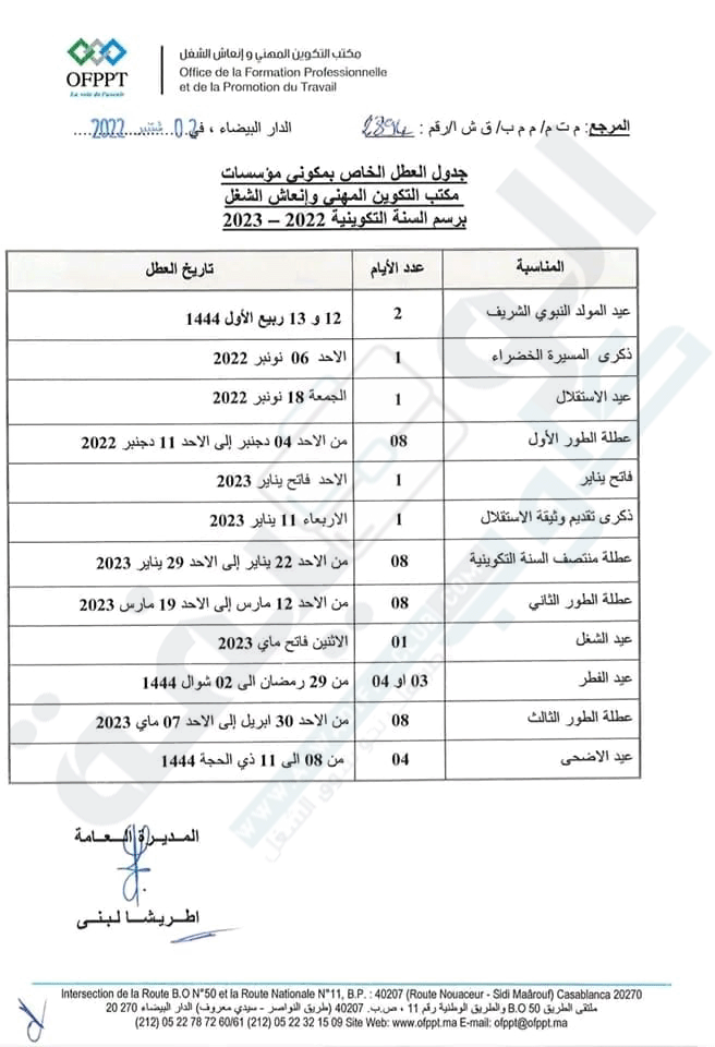 لائحة عطل التكوين المهني 2022-2023