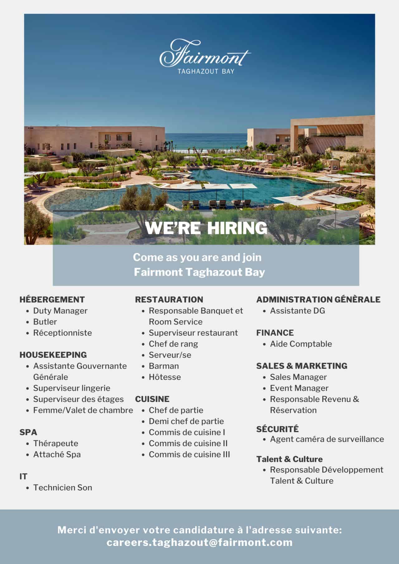 Fairmont Taghazout Bay recrute Plusieurs Profils