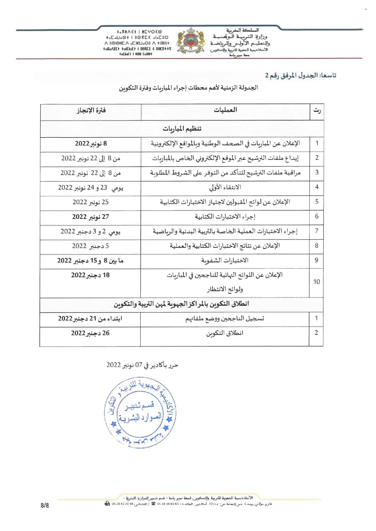 الجدولة الزمنية لأهم محطات اجراء مباراة التعليم 2022-2023