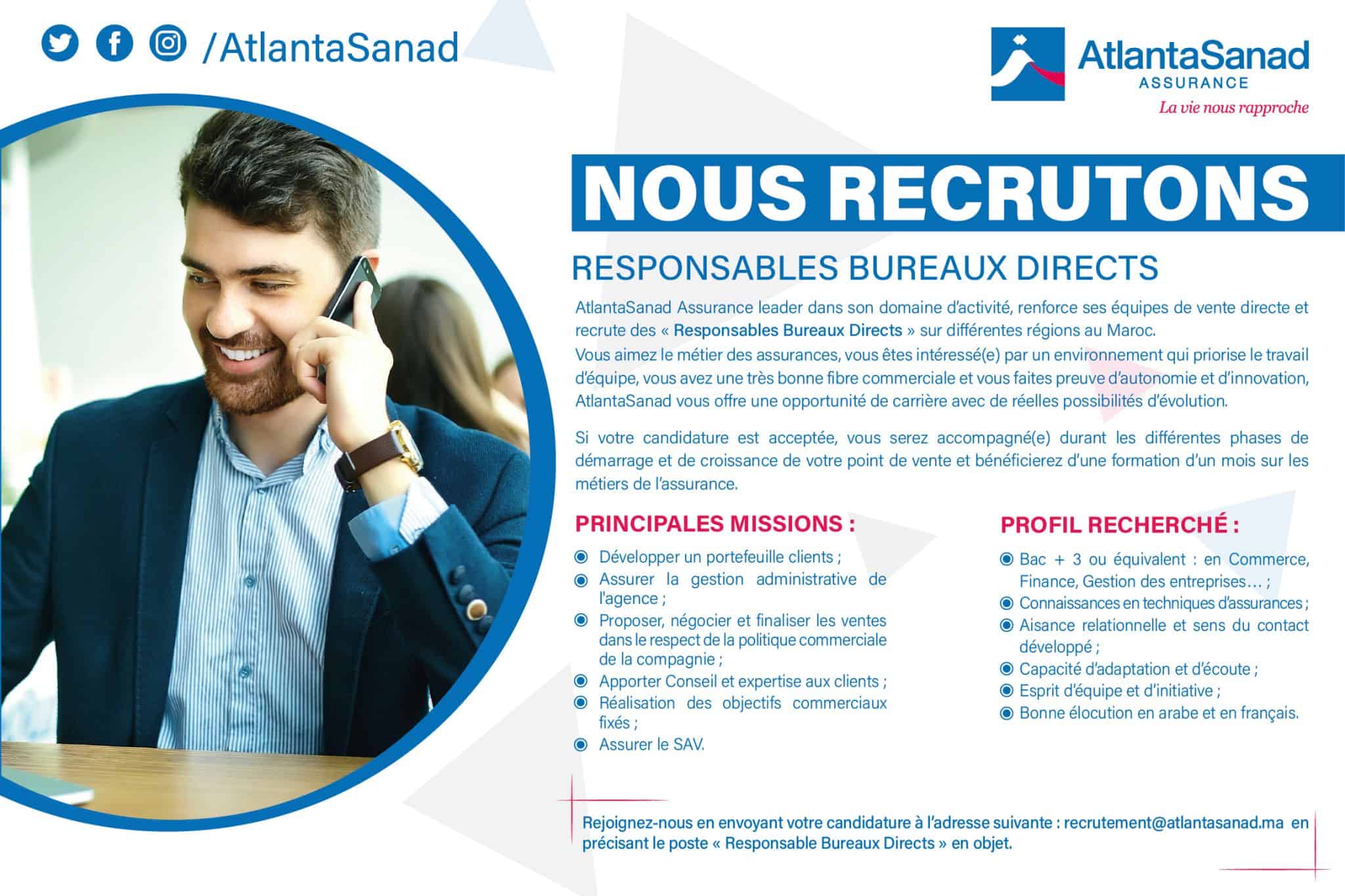 AtlantaSanad Assurance recrute des Responsables Bureaux Directs