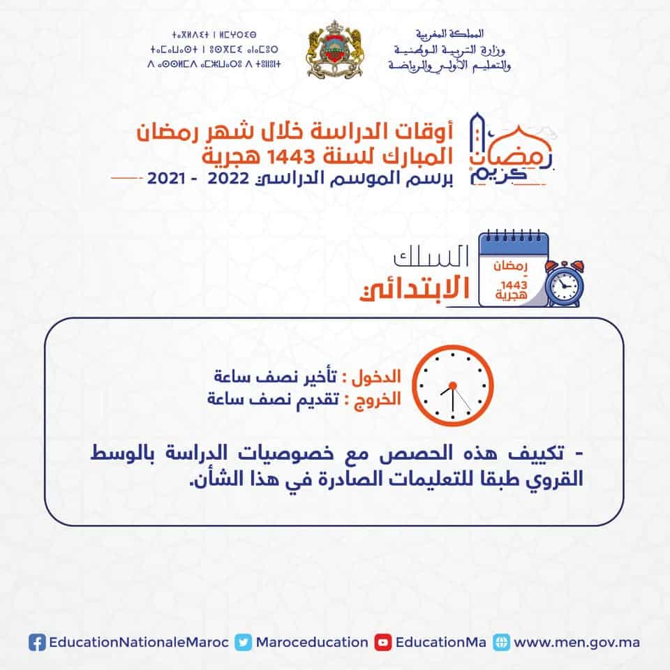 توقيت الدراسة في رمضان 2022 بالمغرب