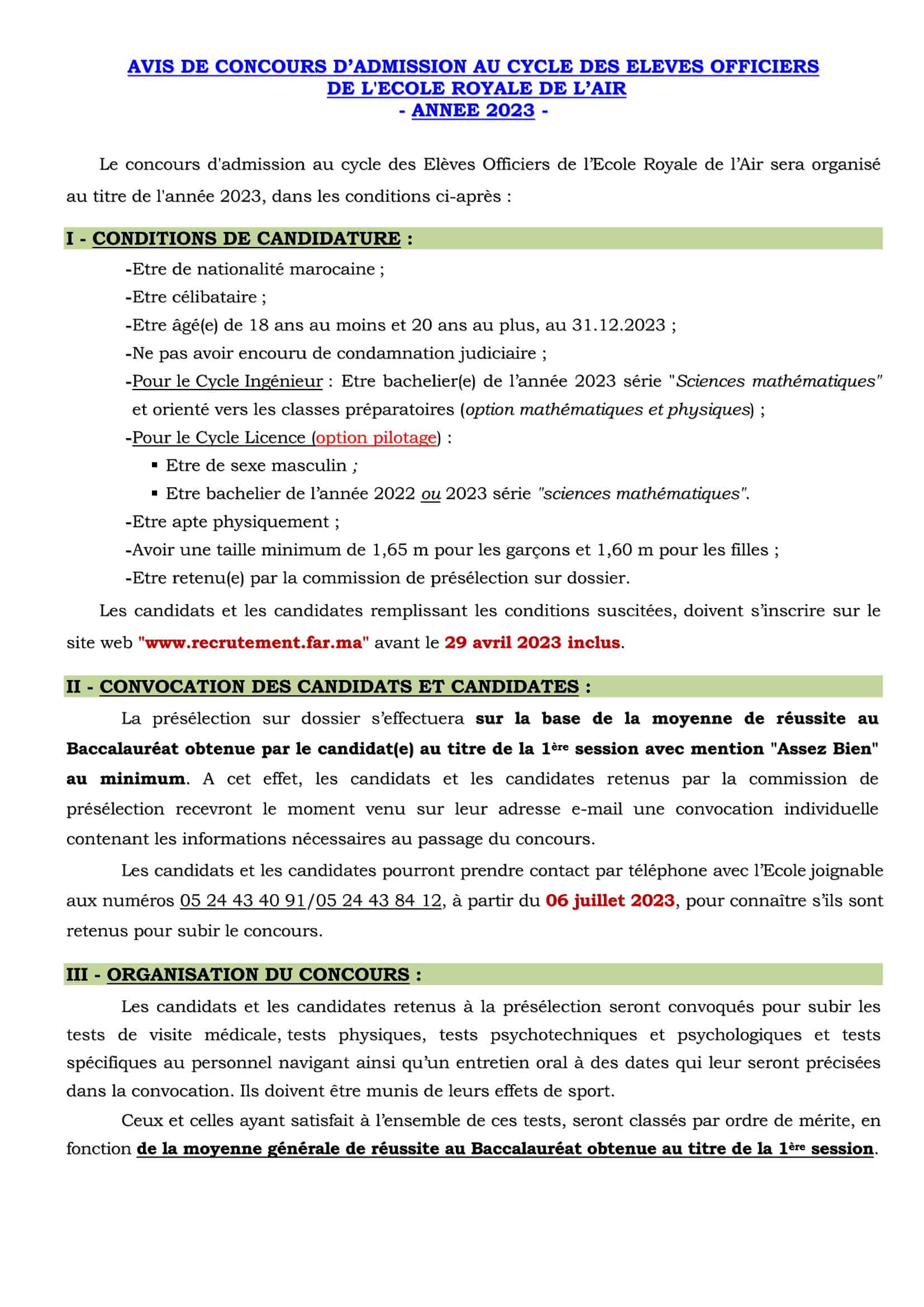 Concours élèves officiers de l’Ecole Royale de l’Air 2023