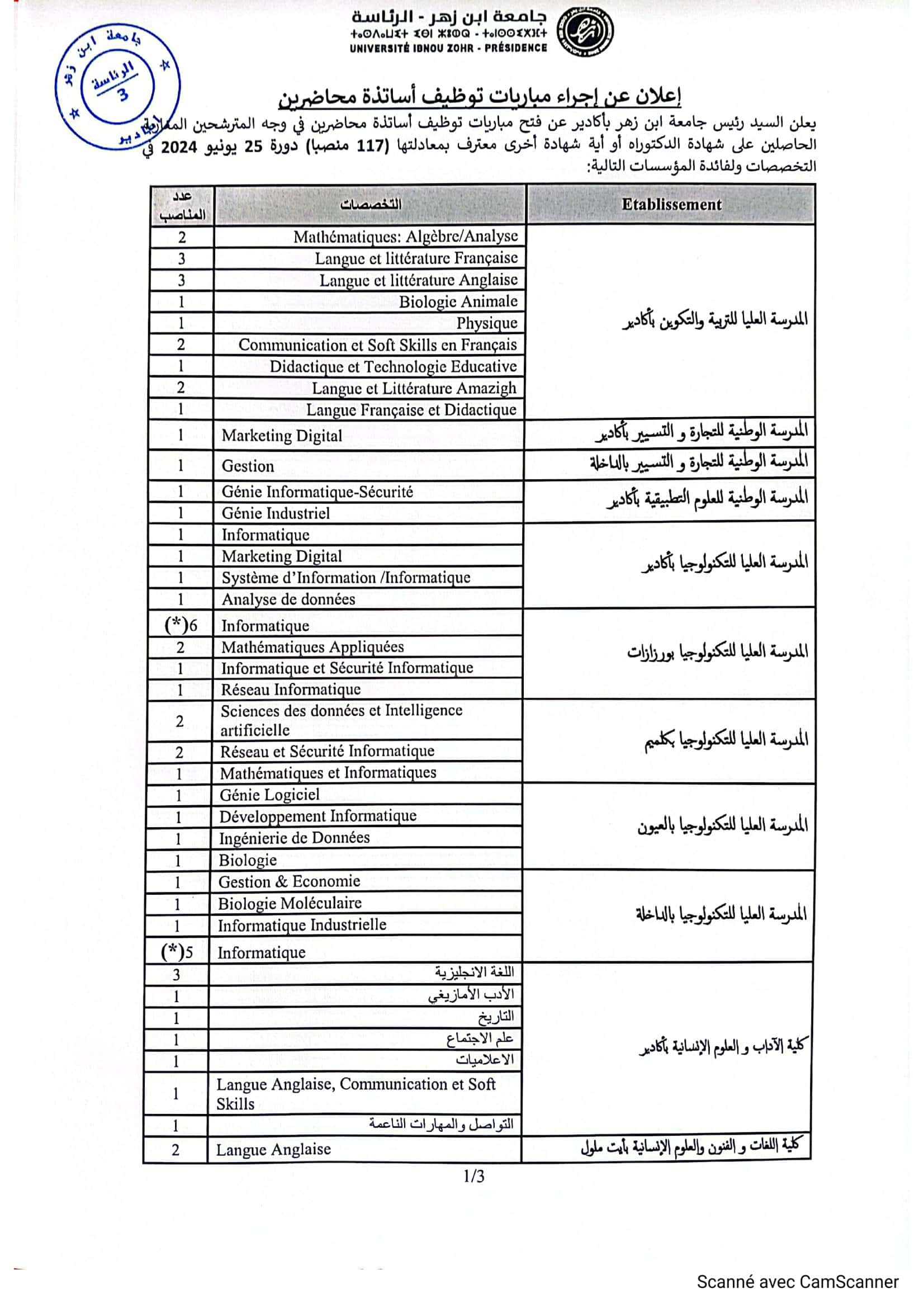 Concours de Recrutement Université Ibn Zohr 2024 (117 Maîtres de Conférences)